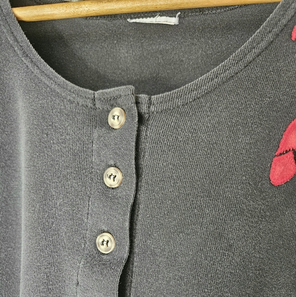 90s Vintage Cotton Button Front Crop Tee With Red Velvet Applique Small/Medium - Picture 3 of 4